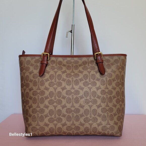 COACH Taylor Signature Logo Canvas Tote with C Dangle Charm-Tan Rust color ⭐ - Picture 6 of 16